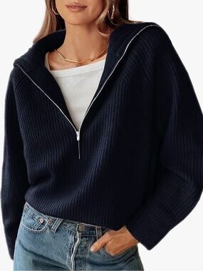 Half-Zip Ribbed Turtleneck Sweater - Navy